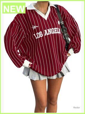 Striped Letter Print V Neck Long Sleeve Loose T Shirt